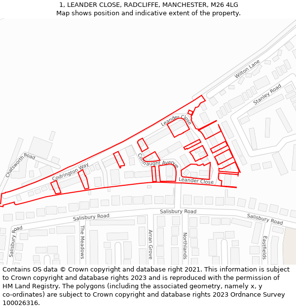 1, LEANDER CLOSE, RADCLIFFE, MANCHESTER, M26 4LG: Location map and indicative extent of plot