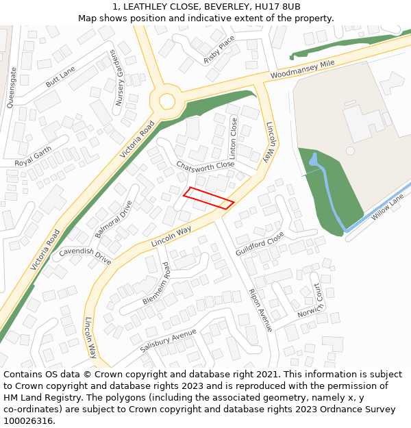 1, LEATHLEY CLOSE, BEVERLEY, HU17 8UB: Location map and indicative extent of plot