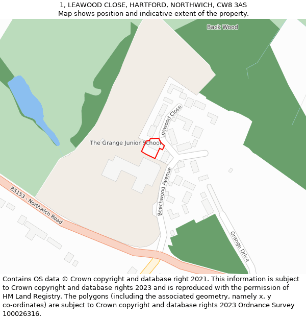 1, LEAWOOD CLOSE, HARTFORD, NORTHWICH, CW8 3AS: Location map and indicative extent of plot