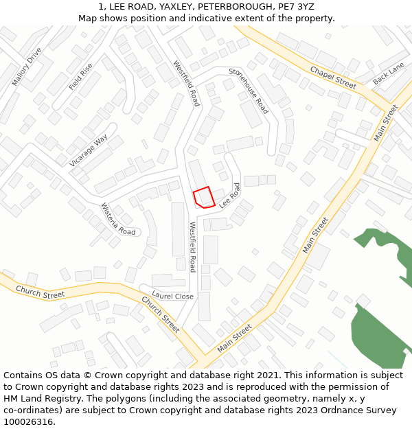 1, LEE ROAD, YAXLEY, PETERBOROUGH, PE7 3YZ: Location map and indicative extent of plot