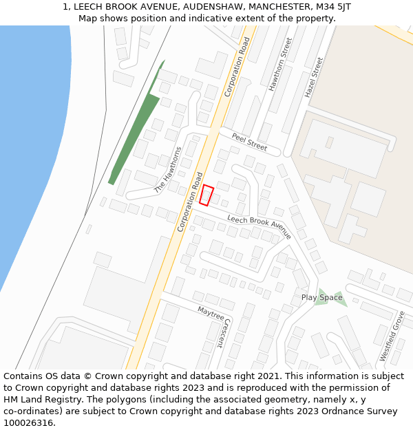 1, LEECH BROOK AVENUE, AUDENSHAW, MANCHESTER, M34 5JT: Location map and indicative extent of plot