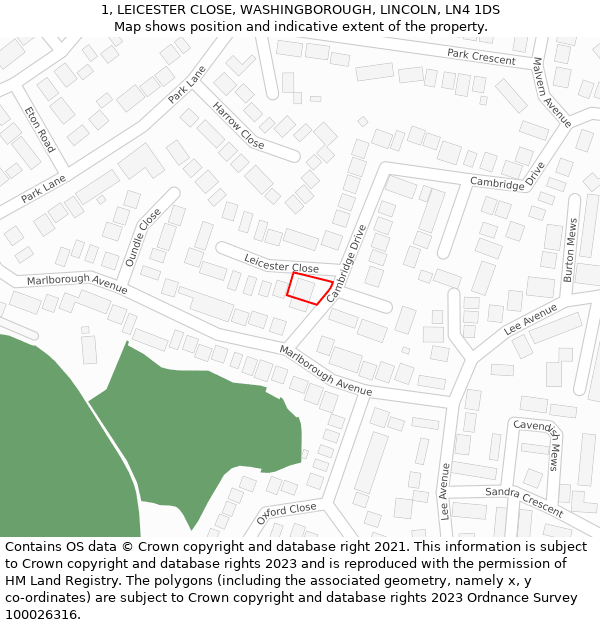 1, LEICESTER CLOSE, WASHINGBOROUGH, LINCOLN, LN4 1DS: Location map and indicative extent of plot