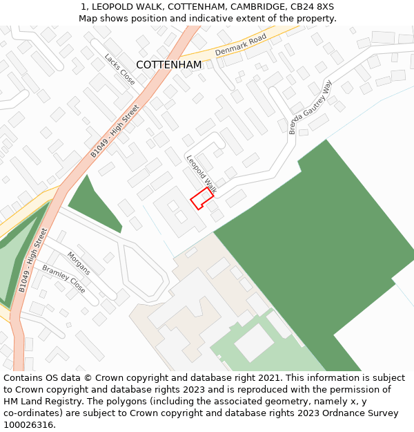 1, LEOPOLD WALK, COTTENHAM, CAMBRIDGE, CB24 8XS: Location map and indicative extent of plot