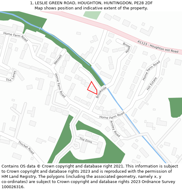 1, LESLIE GREEN ROAD, HOUGHTON, HUNTINGDON, PE28 2DF: Location map and indicative extent of plot