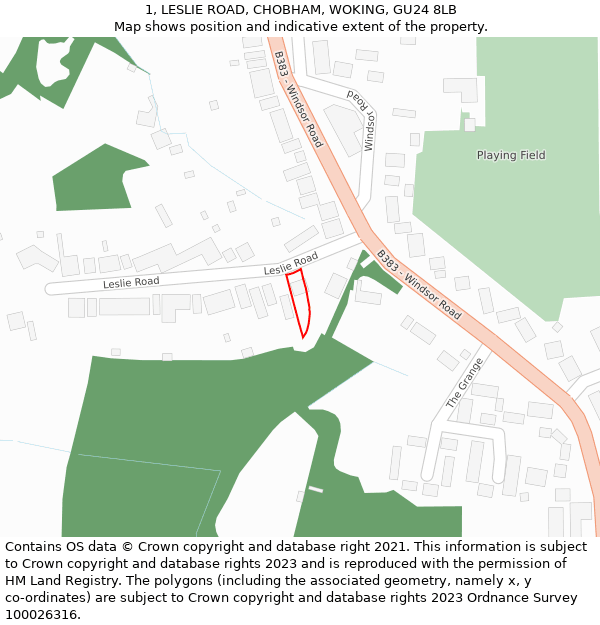 1, LESLIE ROAD, CHOBHAM, WOKING, GU24 8LB: Location map and indicative extent of plot