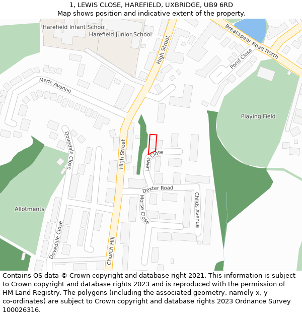 1, LEWIS CLOSE, HAREFIELD, UXBRIDGE, UB9 6RD: Location map and indicative extent of plot