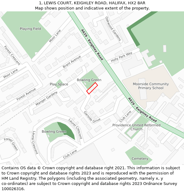 1, LEWIS COURT, KEIGHLEY ROAD, HALIFAX, HX2 8AR: Location map and indicative extent of plot