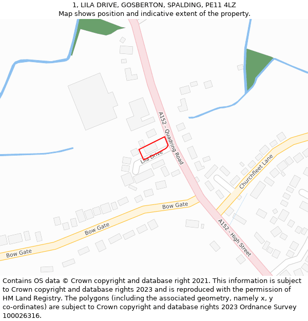 1, LILA DRIVE, GOSBERTON, SPALDING, PE11 4LZ: Location map and indicative extent of plot