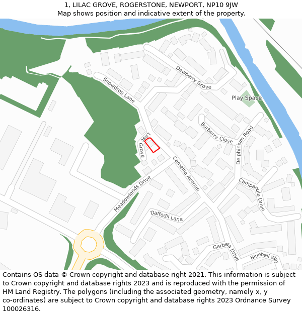 1, LILAC GROVE, ROGERSTONE, NEWPORT, NP10 9JW: Location map and indicative extent of plot