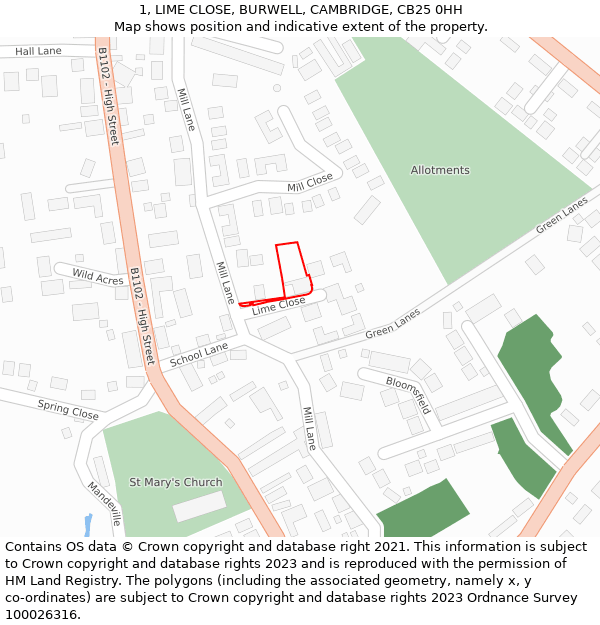 1, LIME CLOSE, BURWELL, CAMBRIDGE, CB25 0HH: Location map and indicative extent of plot