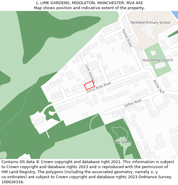 1, LIME GARDENS, MIDDLETON, MANCHESTER, M24 4AE: Location map and indicative extent of plot