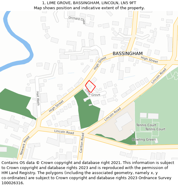 1, LIME GROVE, BASSINGHAM, LINCOLN, LN5 9FT: Location map and indicative extent of plot