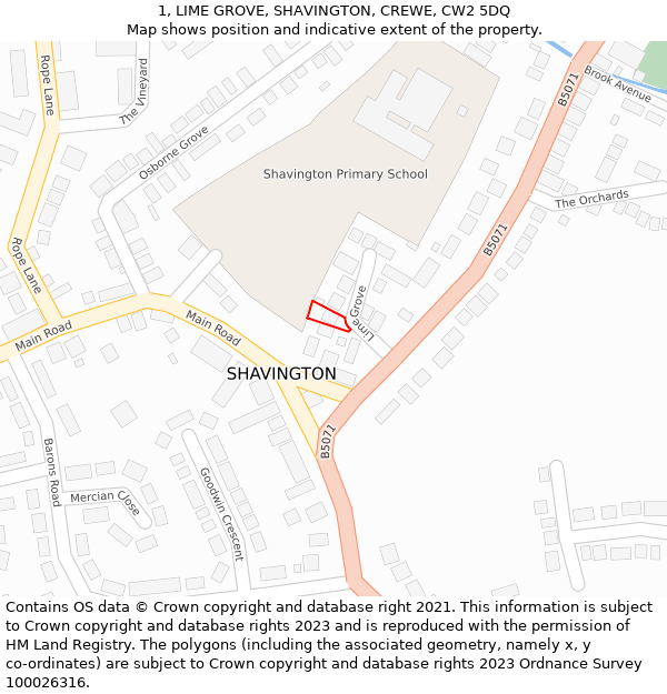 1, LIME GROVE, SHAVINGTON, CREWE, CW2 5DQ: Location map and indicative extent of plot