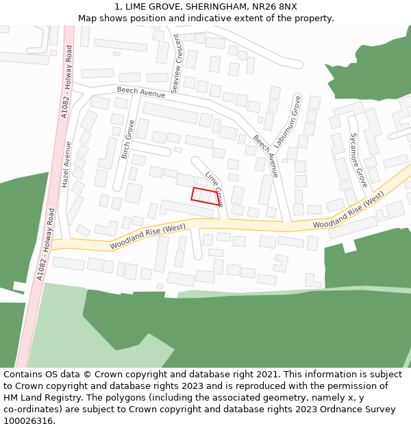 1, LIME GROVE, SHERINGHAM, NR26 8NX: Location map and indicative extent of plot