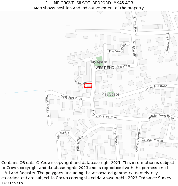 1, LIME GROVE, SILSOE, BEDFORD, MK45 4GB: Location map and indicative extent of plot