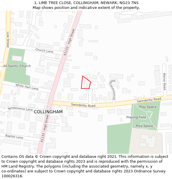 1, LIME TREE CLOSE, COLLINGHAM, NEWARK, NG23 7NS: Location map and indicative extent of plot