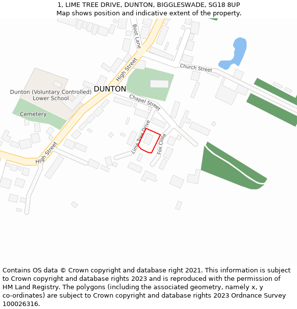 1, LIME TREE DRIVE, DUNTON, BIGGLESWADE, SG18 8UP: Location map and indicative extent of plot