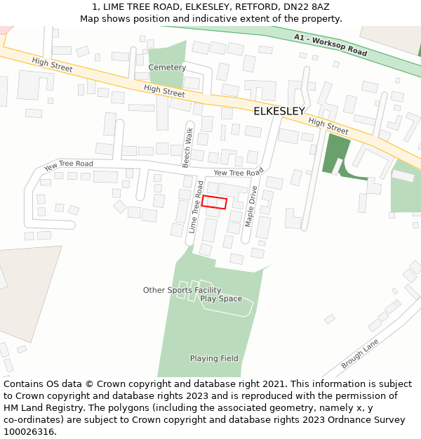 1, LIME TREE ROAD, ELKESLEY, RETFORD, DN22 8AZ: Location map and indicative extent of plot
