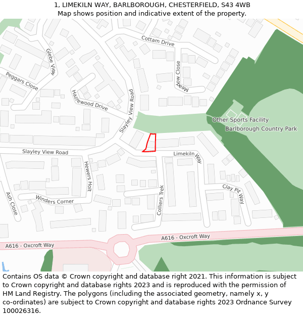 1, LIMEKILN WAY, BARLBOROUGH, CHESTERFIELD, S43 4WB: Location map and indicative extent of plot