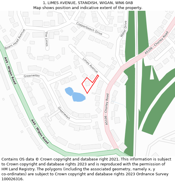 1, LIMES AVENUE, STANDISH, WIGAN, WN6 0AB: Location map and indicative extent of plot
