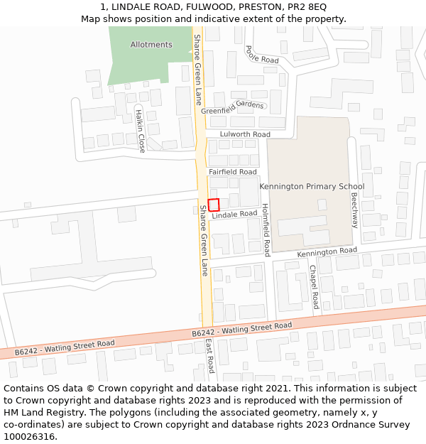 1, LINDALE ROAD, FULWOOD, PRESTON, PR2 8EQ: Location map and indicative extent of plot