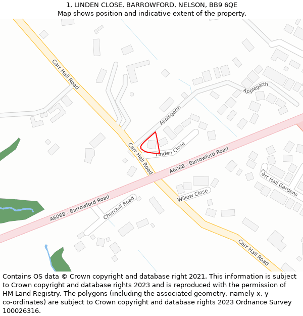 1, LINDEN CLOSE, BARROWFORD, NELSON, BB9 6QE: Location map and indicative extent of plot