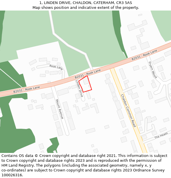 1, LINDEN DRIVE, CHALDON, CATERHAM, CR3 5AS: Location map and indicative extent of plot