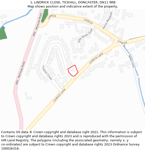 1, LINDRICK CLOSE, TICKHILL, DONCASTER, DN11 9RB: Location map and indicative extent of plot