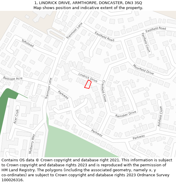 1, LINDRICK DRIVE, ARMTHORPE, DONCASTER, DN3 3SQ: Location map and indicative extent of plot