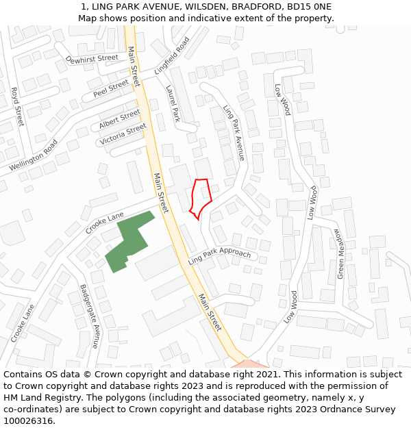 1, LING PARK AVENUE, WILSDEN, BRADFORD, BD15 0NE: Location map and indicative extent of plot