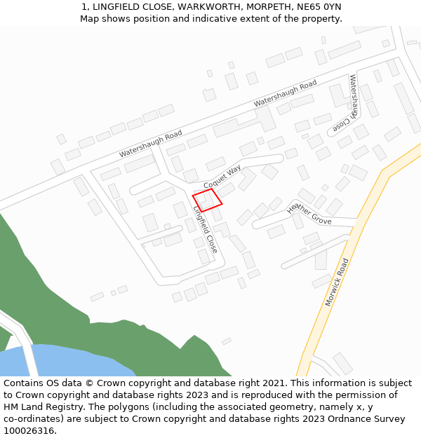 1, LINGFIELD CLOSE, WARKWORTH, MORPETH, NE65 0YN: Location map and indicative extent of plot