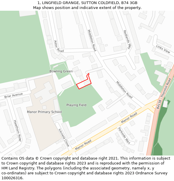 1, LINGFIELD GRANGE, SUTTON COLDFIELD, B74 3GB: Location map and indicative extent of plot