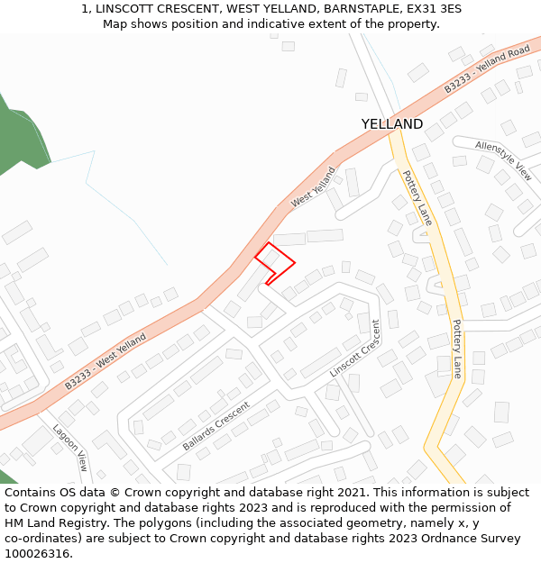 1, LINSCOTT CRESCENT, WEST YELLAND, BARNSTAPLE, EX31 3ES: Location map and indicative extent of plot