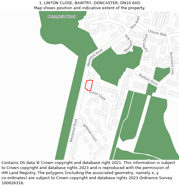 1, LINTON CLOSE, BAWTRY, DONCASTER, DN10 6XD: Location map and indicative extent of plot