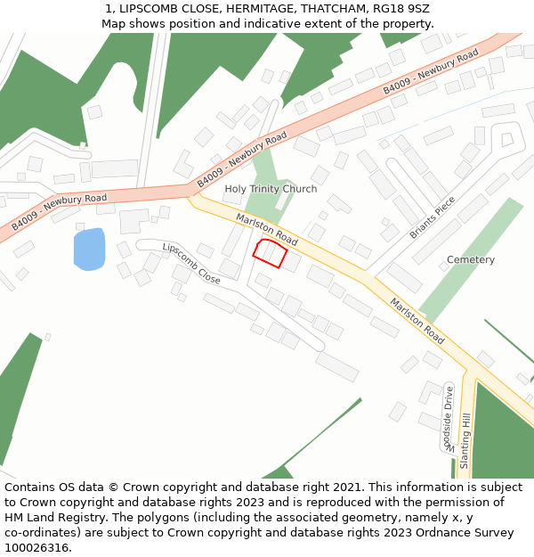 1, LIPSCOMB CLOSE, HERMITAGE, THATCHAM, RG18 9SZ: Location map and indicative extent of plot