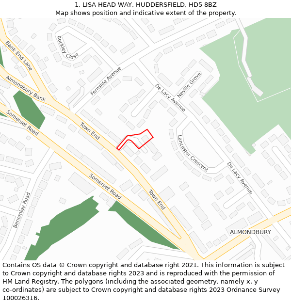 1, LISA HEAD WAY, HUDDERSFIELD, HD5 8BZ: Location map and indicative extent of plot