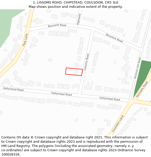 1, LISSOMS ROAD, CHIPSTEAD, COULSDON, CR5 3LE: Location map and indicative extent of plot