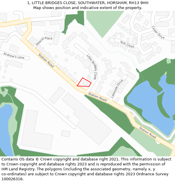 1, LITTLE BRIDGES CLOSE, SOUTHWATER, HORSHAM, RH13 9HH: Location map and indicative extent of plot