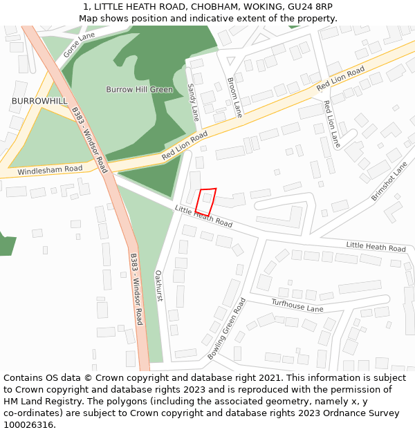 1, LITTLE HEATH ROAD, CHOBHAM, WOKING, GU24 8RP: Location map and indicative extent of plot