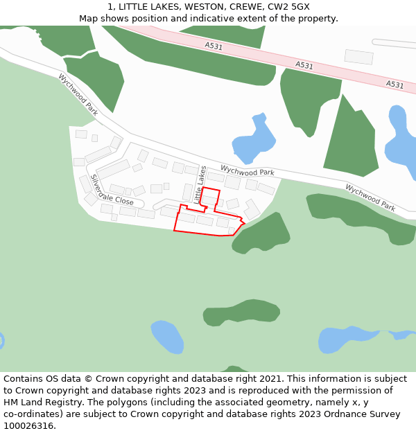 1, LITTLE LAKES, WESTON, CREWE, CW2 5GX: Location map and indicative extent of plot