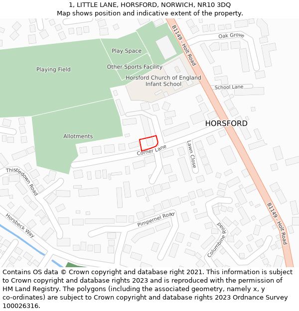 1, LITTLE LANE, HORSFORD, NORWICH, NR10 3DQ: Location map and indicative extent of plot