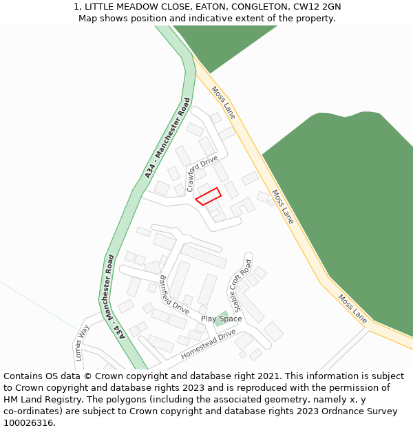 1, LITTLE MEADOW CLOSE, EATON, CONGLETON, CW12 2GN: Location map and indicative extent of plot