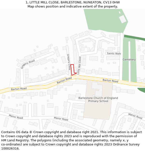 1, LITTLE MILL CLOSE, BARLESTONE, NUNEATON, CV13 0HW: Location map and indicative extent of plot