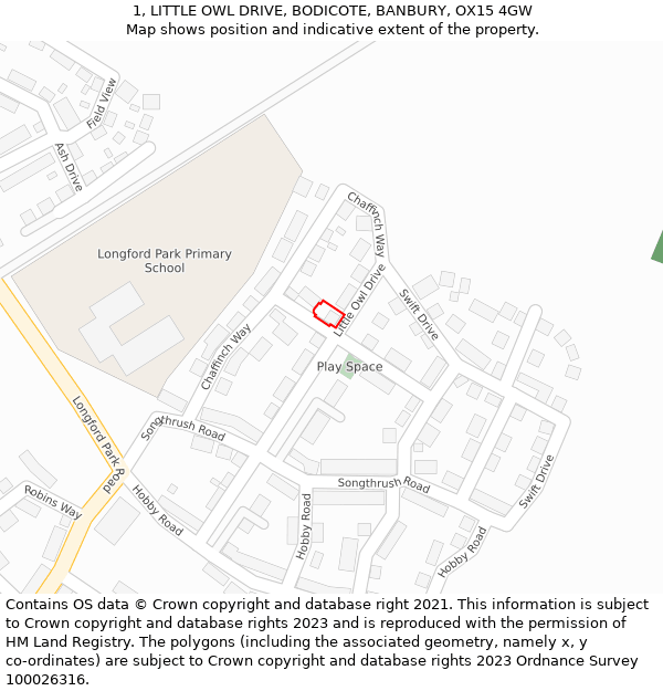 1, LITTLE OWL DRIVE, BODICOTE, BANBURY, OX15 4GW: Location map and indicative extent of plot