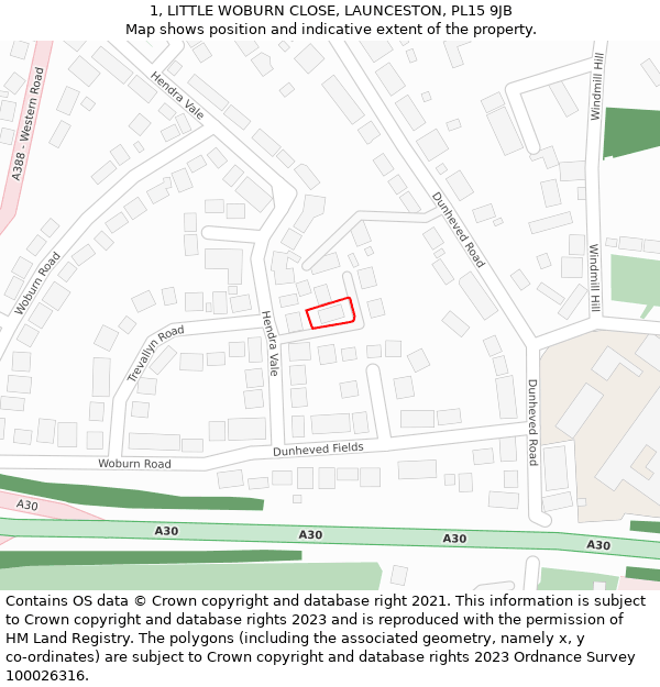 1, LITTLE WOBURN CLOSE, LAUNCESTON, PL15 9JB: Location map and indicative extent of plot