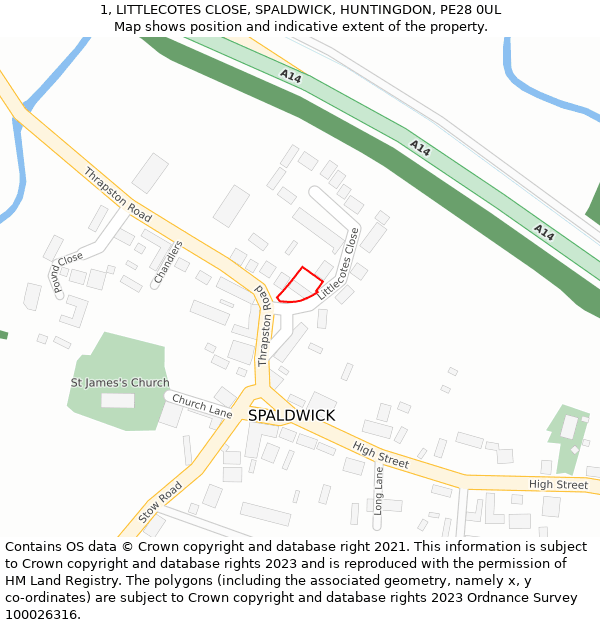 1, LITTLECOTES CLOSE, SPALDWICK, HUNTINGDON, PE28 0UL: Location map and indicative extent of plot