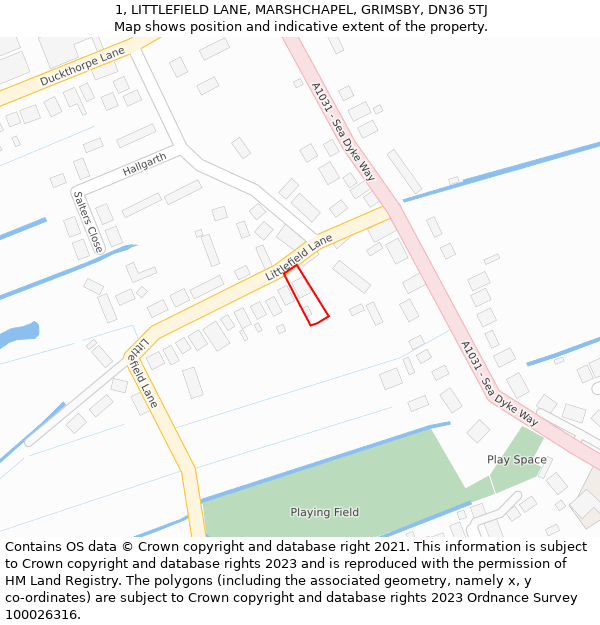 1, LITTLEFIELD LANE, MARSHCHAPEL, GRIMSBY, DN36 5TJ: Location map and indicative extent of plot