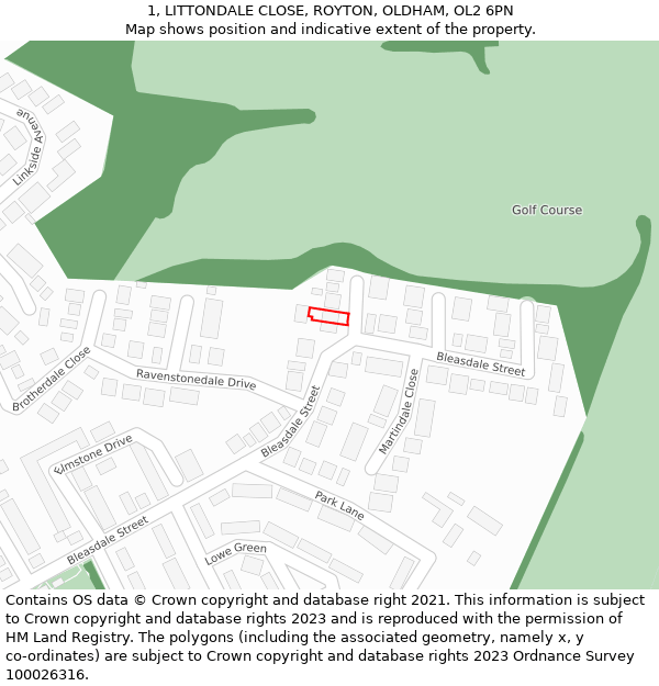 1, LITTONDALE CLOSE, ROYTON, OLDHAM, OL2 6PN: Location map and indicative extent of plot