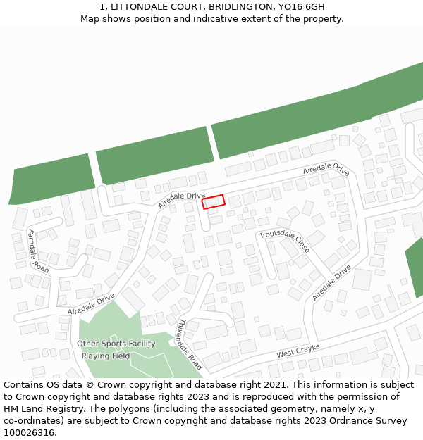 1, LITTONDALE COURT, BRIDLINGTON, YO16 6GH: Location map and indicative extent of plot