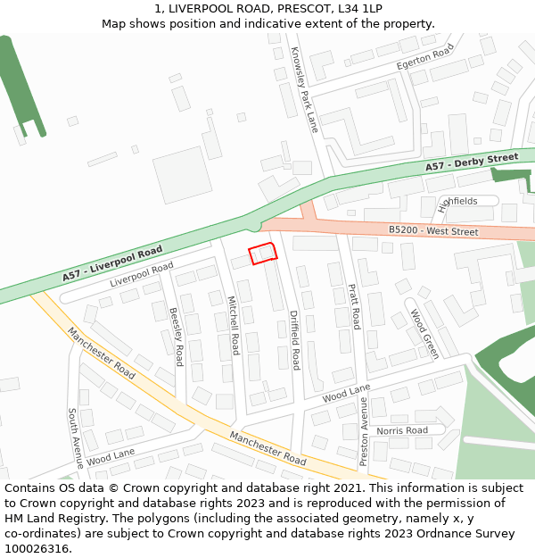 1, LIVERPOOL ROAD, PRESCOT, L34 1LP: Location map and indicative extent of plot
